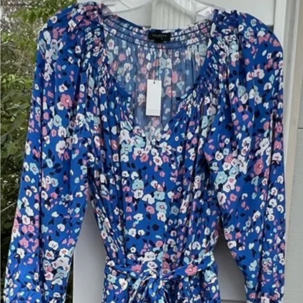 Nwt Women Talbots Pink Blue Floral Viscose Long Sleeve Belted Midi Dress Sz XLP